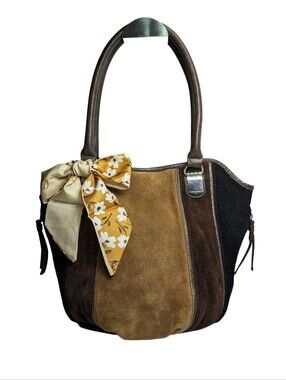 Tignanello Patchwork Colorblock Suede Leather Shoulder Bag, c2012, Tan Brown Blk